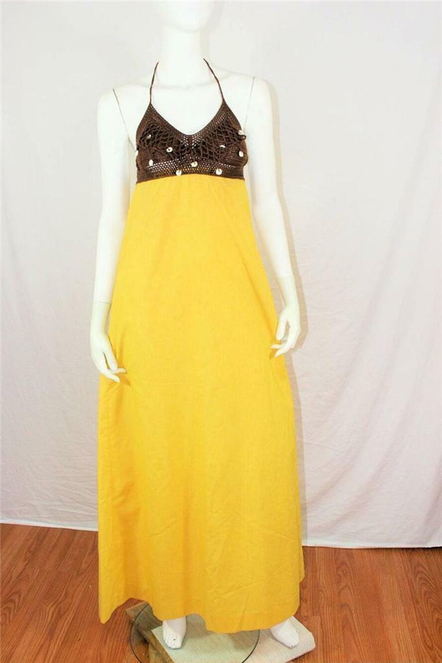 Vtg 60s Lemon Crochet Shell Hawaiian Maxi Dress